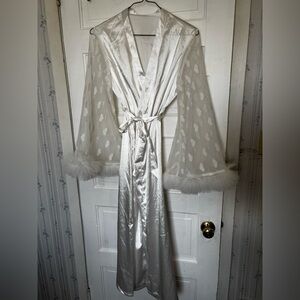 White Satin Robe with Belt and Fuzzy Cuff Sleeves